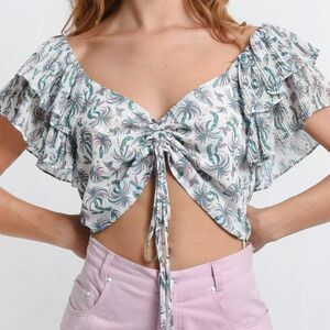 NWT - Lili Sidonio Drawstring Palm Printed Ruched Crop Top - M